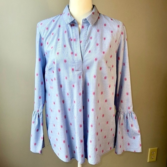 Kenar Tops - Kenar Cotton Popover Blouse Bell Sleeves Blue White Stripes Lightweight Large